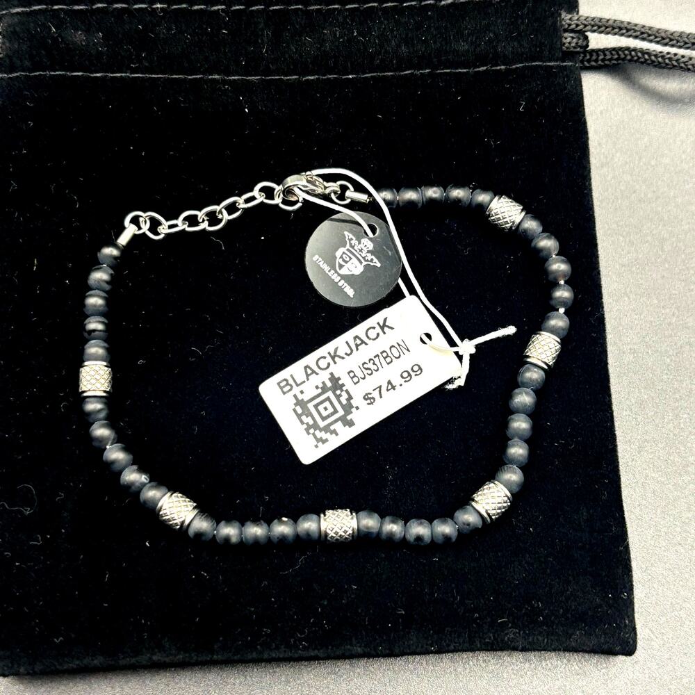Blackjack BJS37BON Mens Genuine Onyx Stainless Steel Beaded Bracelet NIBWT - Picture 15 of 17
